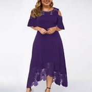 SCKARLE Summer Plus Size Maxi Dresses for Wedding Guest Women Lace Cold Shoulder Short Sleeve Crewneck Long Dress