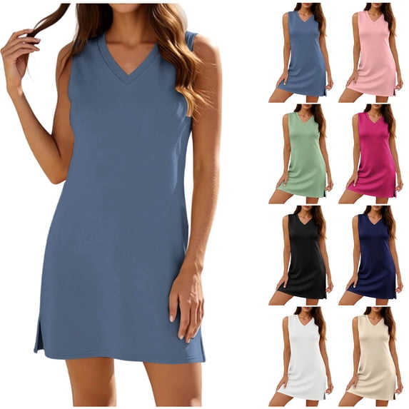 Summer Beach Dresses for Womens 2026 Plus Size V-Neck Sleeveless T-Shirt Dress Casual Solid Color Side Slit Loose Sun Dress