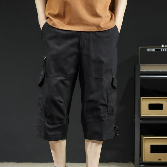 Summer Plus Size Men Shorts Elastic Waist Solid Color Multi Pocket Cotton Cargo Shorts With Botton Zipper Beach Fashion Casual Loose Sport Athletic Gym Workout Shorts Sweatpants M-6XL