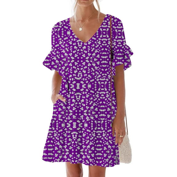 Summer Plus Size Mini Dresses for Womens 2025 Fashion Casual Dress Sweet Cute V-Neck Dress Pocket Printed Short Sleevele Ruffle Dress