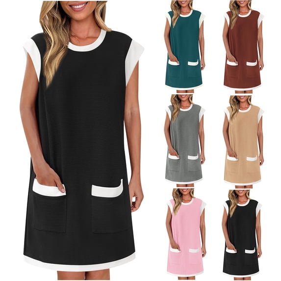 Summer Plus Size Mini Dresses for Womens 2025 Fashion Short Dresses Cap Sleeve Color Block Loose Ribbed Knit Trendy Cotton Mini Dress With Pockets