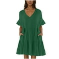 thumbnail image 1 of Summer Plus Size Mini Dresses for Womens 2025 Fashion Casual Solid Color V-Neck Pullover Short Sleeve Top Short Skirt Dress, 1 of 8