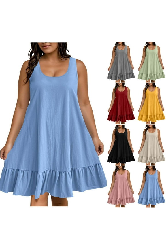 Summer Plus Size Mini Dresses for Womens 2026 Fashion Plus Size Spring Sleeveless Round Neck Dress
