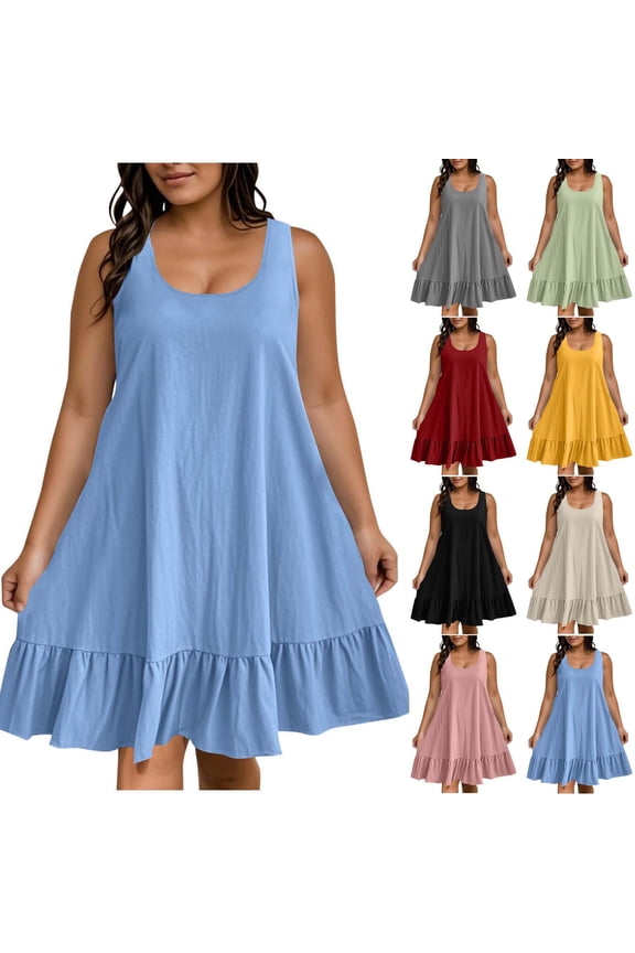 Summer Plus Size Mini Dresses for Womens 2026 Fashion Plus Size Spring Sleeveless Round Neck Dress