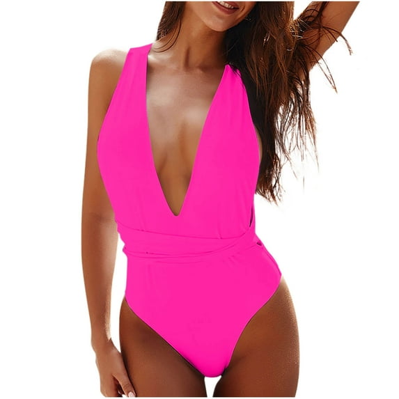 Summer Plus Size One Piece Tankini Swimwear for Womens Fashion Solid Color V Neck Lace Up Backless Tight Fitting Bikini Swimsuit