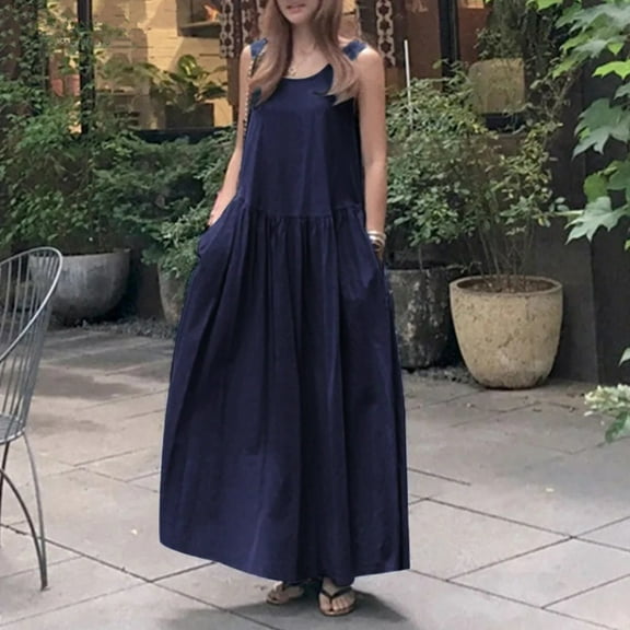 Summer Plus Size Oversized V Neck Sleeveless Maxi Dress Boho Flowy Pure Color Linen/ Vest Dress Beach Dresses for Women Dresses T Shirt Dresses for Women Knee Length Womens Short Dresses Dinner Dress