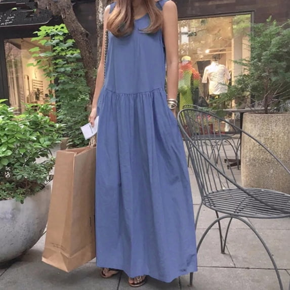Summer Plus Size Oversized V Neck Sleeveless Maxi Dress Boho Flowy Pure Color Linen/ Vest Dress Beach Dresses for Women Dresses T Shirt Dresses for Women Knee Length Womens Short Dresses Dinner Dress
