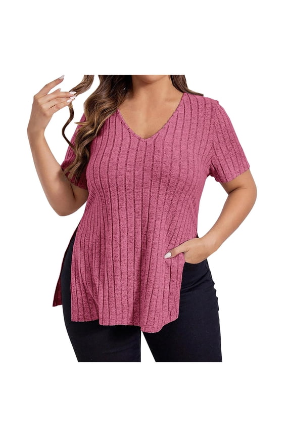 Summer Plus Size Ribbed T-Shirt for Women Knit Short Sleeve Top V-Neck Split Slit Hem Casual Blouse