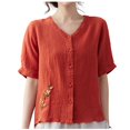 thumbnail image 1 of Summer Plus Size Shirts for Womens Cotton and Linen Spring Printed Casual Loose T-Shirt Short Sleeve V-Neck Embroidery Button Tops Cotton And Linen Blouse Gifts for Womens, 1 of 7