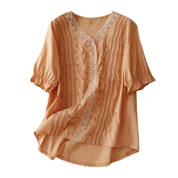 Summer Plus Size Shirts for Womens Cotton and Linen Spring Printed Embroidery Casual Loose T-Shirt Short Sleeve V-Neck Tops Linen Blouse Gifts for Womens