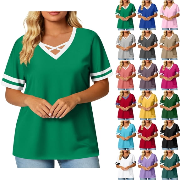 Summer Plus Size Shirts for Womens 2025 V-neck Short Sleeved Solid Summer Base Shirt Sports T-shirt