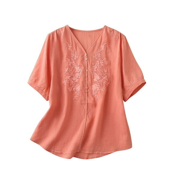 Summer Plus Size Shirts for Womens Cotton and Linen Embroidered Blouses Button Up T-Shirt Short Sleeved V-Neck Top Gifts for Womens