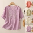 thumbnail image 1 of Summer Plus Size Shirts for Womens Cotton and Linen Embroidered Blouses Button Up T-Shirt Short Sleeved V-Neck Top Gifts for Womens, 1 of 8