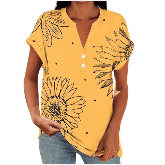 Summer Plus Size Shirts for Womens Fashion Casual Printed V-Neck Loose Short Sleeve Raglan Sleeve Button Top