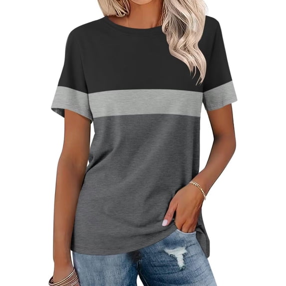 Summer Plus Size Shirts for Womens Fashion Casual Striped Printed T-shirt Round Neck Short Sleeve