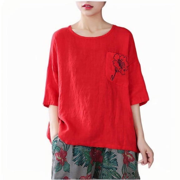 Summer Plus Size Shirts for Womens Fashion Embroidered Round Neck Five Quarter Sleeved Short Sleeved Blouse