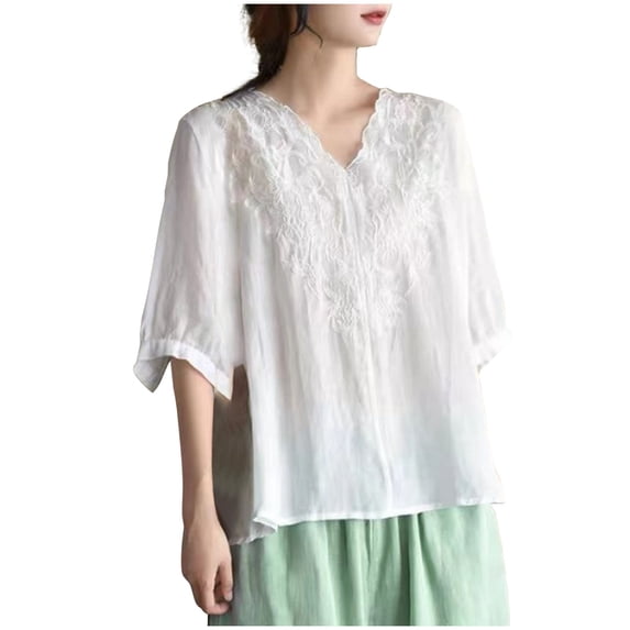 Summer Plus Size Shirts for Womens Fashion Embroidered Round Neck Five Quarter Sleeved Short Sleeved