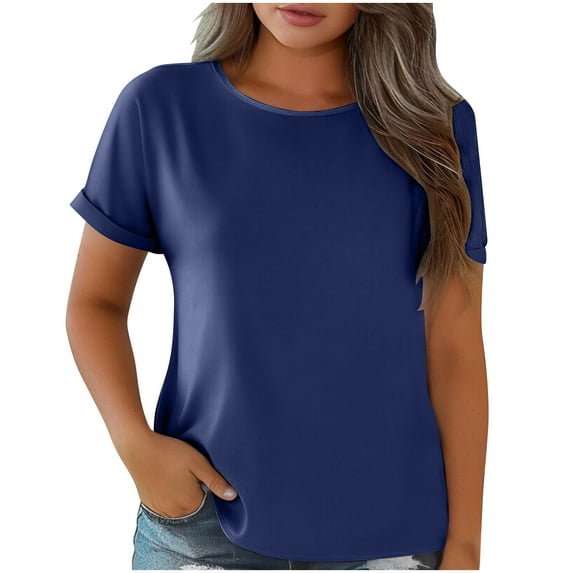 Summer Plus Size Shirts for Womens Fashion Round Neck Solid Color Light Sensing Face Short Sleeve Loose T-shirt