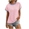 thumbnail image 1 of Summer Plus Size Shirts for Womens Fashion Solid Color Blocked Shoulder To Short Sleeved Round Neck Pullover, 1 of 7