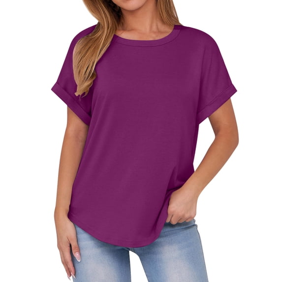Summer Plus Size Shirts for Womens Fashion Solid Color Casual Bate Sleeve Round Neck Short Sleeved T-Shirts