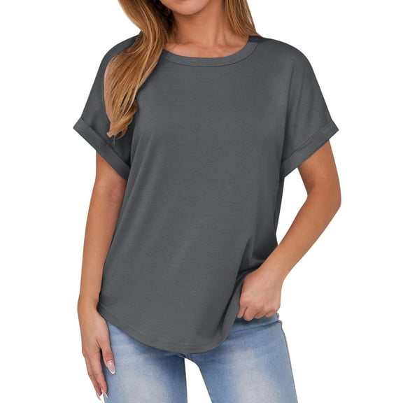 Summer Plus Size Shirts for Womens Fashion Solid Color Casual Bate Sleeve Round Neck Short Sleeved T-Shirts