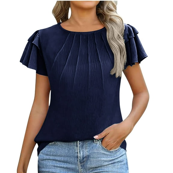 Summer Plus Size Shirts for Womens Fashion Solid Color Casual Pleated Short Sleeve Crew-neck Short Sleeve Crew-neck Top/shirt