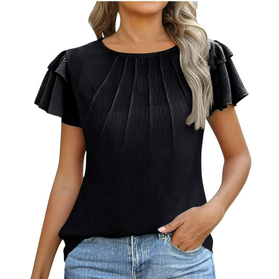 Summer Plus Size Shirts for Womens Fashion Solid Color Casual Pleated Short Sleeve Crew-neck Short Sleeve Crew-neck Top/shirt