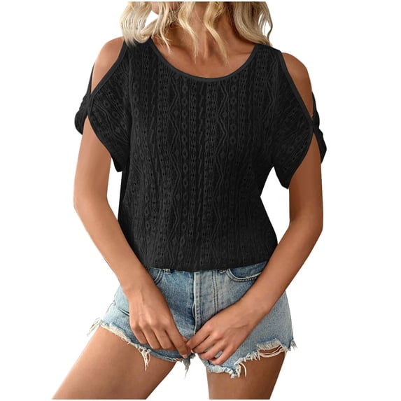 Summer Plus Size Shirts for Womens Fashion Solid Color Pullover Off Shoulder Hollowed Out Batball Sleeve T-shirt For Women