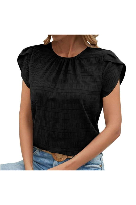 Summer Plus Size Shirts for Womens Fashion Solid Color Round Neck Sleeve Back Keyhole Blouse Temperament Short Sleeve