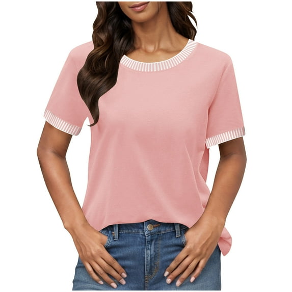 Summer Plus Size Shirts for Womens Fashion Solid Color Round Neck T-shirt Short Sleeved Contrasting Thread