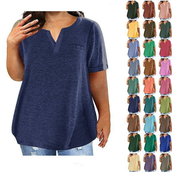 Summer Plus Size Shirts for Womens Fashion V-Neck Blouse Lace Solid Color Casual Loose Short Sleeve Blouse