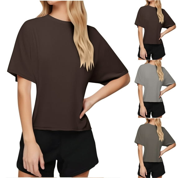 Summer Plus Size Shirts for Womens Fashion Versatile Solid Color Loose Short-Sleeved Round Neck Shirt