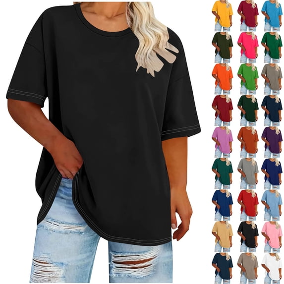 Summer Plus Size Shirts for Womens Short Sleeved Solid Base Shirt Sports T-shirt Round Neck Tops