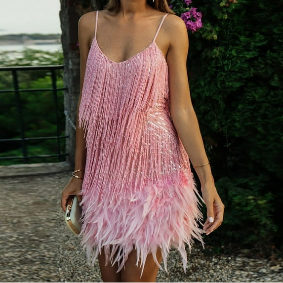 Summer Plus Size Short Sleeve Dress Dresses for women Women's Suspender Sequin Feather Sleeveless Solid Mini Dress Party Dress Pink 4(S)