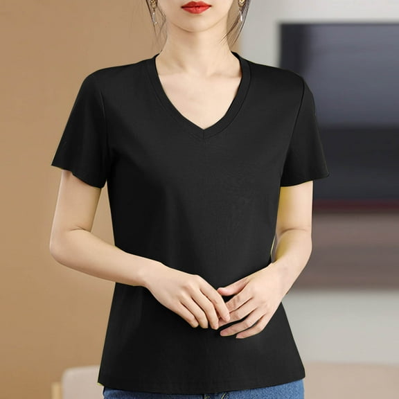 Summer Plus Size Short Sleeve Shirts For Women Cotton V-neck Solid Color Loose Casual Tops T-shirt Women's Fashion Black Color Size L Pullover Blouse