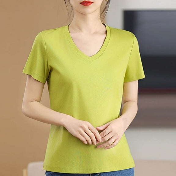 Summer Plus Size Short Sleeve Shirts For Women Cotton V-neck Solid Color Loose Casual Tops T-shirt Women's Fashion Mint Green Color Size M Pullover Blouse