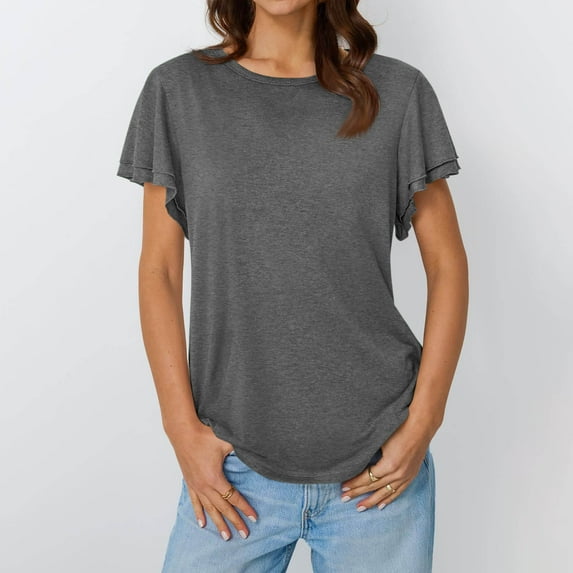 Summer Plus Size Short Sleeve Tops For Women Crew Neck Solid Color Lightweight Loose Casual T-shirt Women Trendy Gray Color Size S Pullover Blouse Loungewear