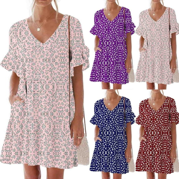 Summer Plus Size Sun Dresses for Womens 2025 Fashion Casual Dress Sweet Cute V-Neck Dress Pocket Printed Short Sleevele Ruffle Dress