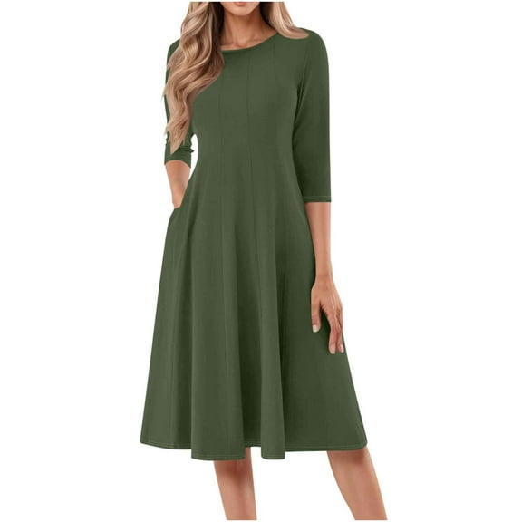 Summer Plus Size Sun Dresses for Womens 2025 Fashion Casual Pleated-cent Sleeve Round-Neck Solid Dress