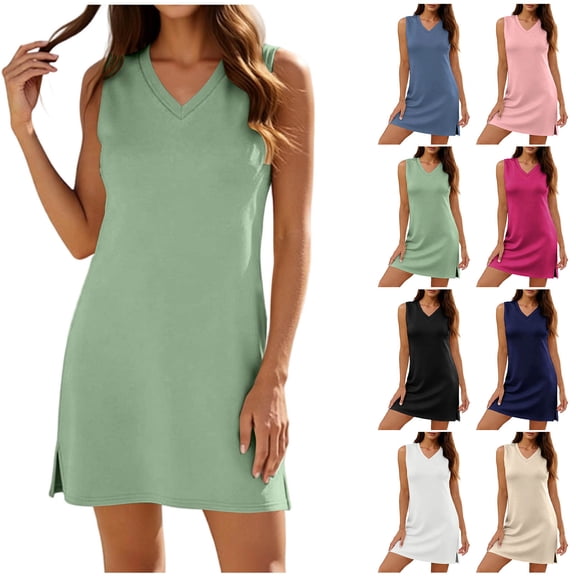 Plus Size Dresses for Womens 2026 Summer V-Neck Sleeveless T-Shirt Dress Casual Solid Color Side Slit Loose Sun Dress