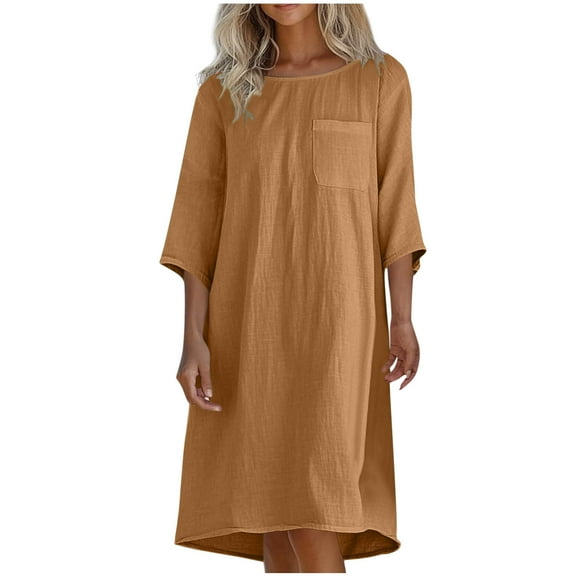 Summer Plus Size Sun Dresses for Womens 2025 Fashion Casual Round Neck 3/4 Sleeve Solid Beach Sundresses Pockets Dress