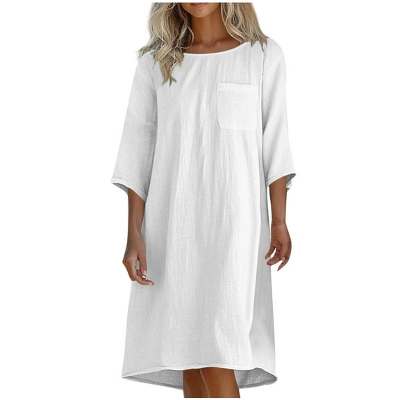 Summer Plus Size Sun Dresses for Womens 2025 Fashion Casual Round Neck 3/4 Sleeve Solid Beach Sundresses Pockets Dress