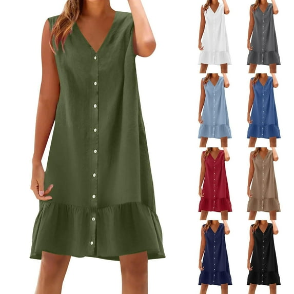 Summer Plus Size Sun Dresses for Womens 2025 Fashion Casual Sleeveless Solid Color Button Sun Beach Dress