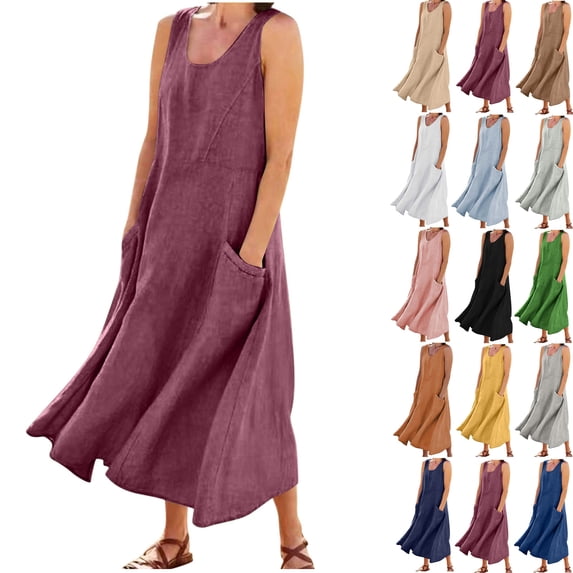 Summer Plus Size Sun Dresses for Womens 2025 Fashion Casual Solid Color Sleeveless Round Neck Pocket Dress Skirt