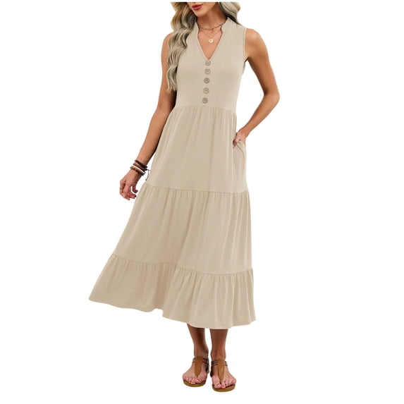Summer Plus Size Sun Dresses for Womens Fashion Casual Solid Color V-Neck Sleeveless Mid-length Dress