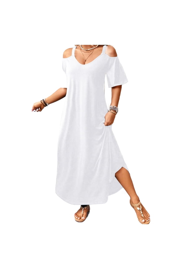 Summer Plus Size Sun Dresses for Womens Fashion Cold-Shoulder V-Neck Short Sleeve Solid Color Casual Maxi Dress