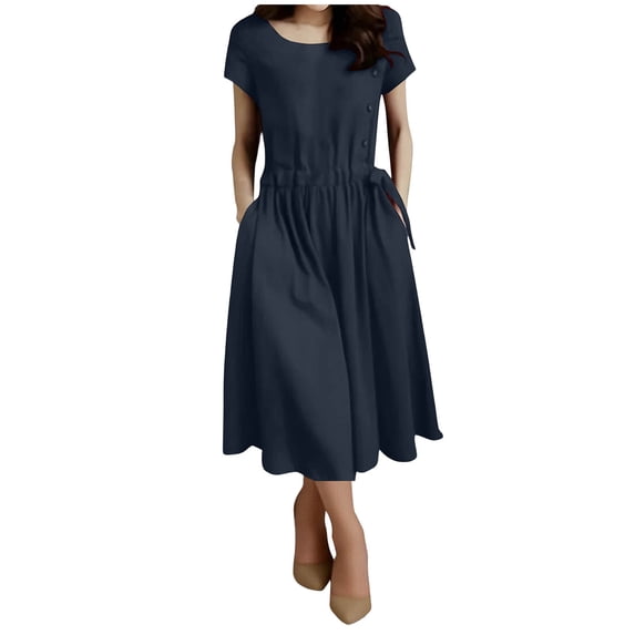Summer Plus Size Sun Dresses for Womens Fashion Solid Color Cotton And Linen Mid Length Lace Up Waist And Dress