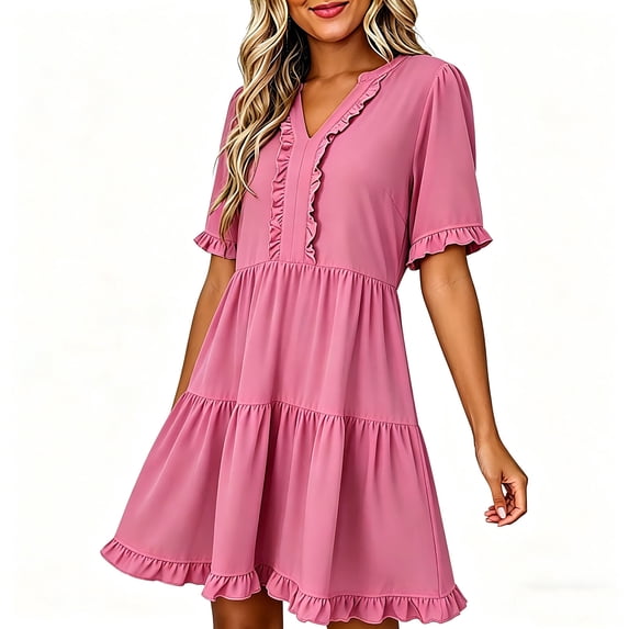 Summer Plus Size Sun Dresses for Womens Fashion Solid Color Sleeve Maxi Skirt Short-Sleeved Round Neck Short Dress With Thigh Length Hem