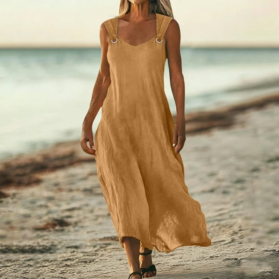 Summer Plus Size Sundresses for Women Casual Loose Solid Color Sleeveless V Neck Flowy Long Beach Dress New Beach Dresses Boho Yellow XL