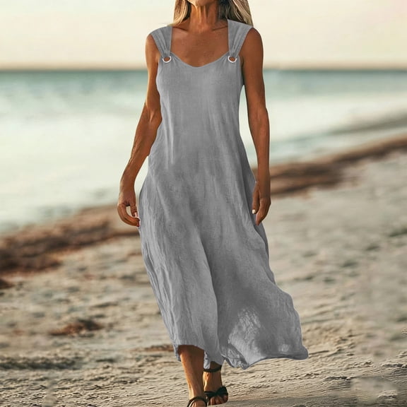 Summer Plus Size Sundresses for Women Casual Loose Solid Color Sleeveless V Neck Flowy Long Beach Dress New Women Casual Loose Sundress Gray XL